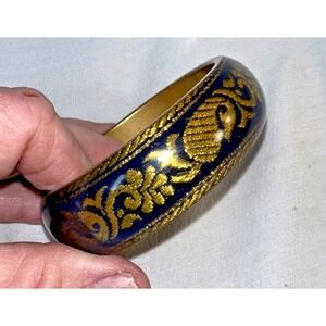 Vintage Lucite and Brass Blue Brocade Indian Bracelet
